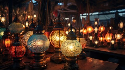 Fototapeta na wymiar Traditional arabic lamps for sale at the night arabic market.