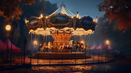 A carousel in an empty amusement park on an autumn evening A carousel in an empty amusement park - obrazy, fototapety, plakaty