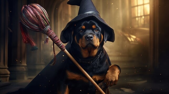 funny rottweiler dog in a wizard hat holding a broomstick