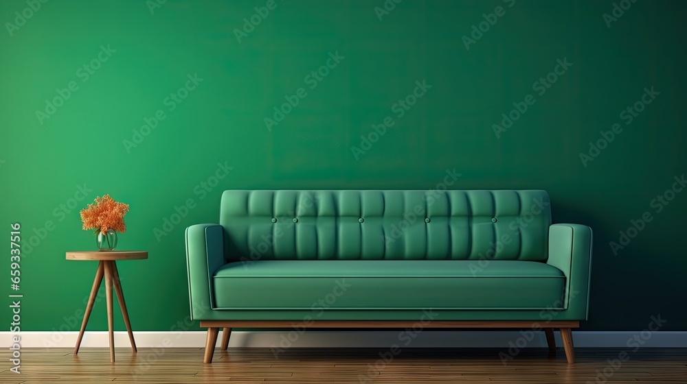 Aufkleber green sofa with table on green wall and wooden flooring.3d rendering