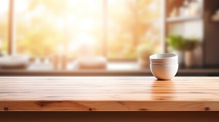 Fototapeta premium Empty beautiful wood table top counter and blur bokeh modern kitchen interior background in clean and bright,Banner, Ready for product montage