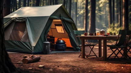 Foto op Plexiglas Wood table and Blurred camping and tents in forest. © HN Works