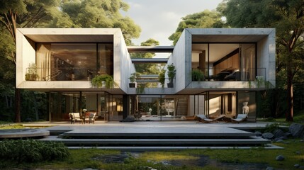 beautiful modern house in cement, view from the garden