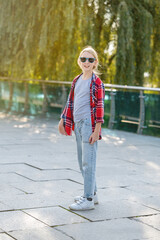 Portrait of a beautiful teenage girl in a plaid shirt and sunglasses in a city park against a background of trees on a sunny summer day