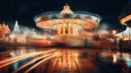 Blurry / long exposure image of a brightly lit amusement park rides