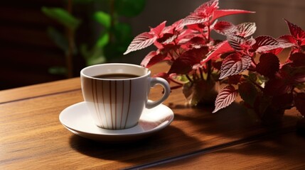 white coffee cup and Coleus plant on wooden table