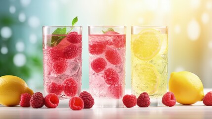 Fresh summer lemonade with raspberry, lime, soda water, and ice in glasses. Cold refreshing drink, cocktail or mocktail.
