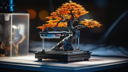 3d printer at work on a bonsai tree table. 3d printer prints head, advertising photo blue and orange light. High quality photo