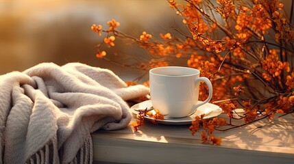 Seasonal composition in the park in dry autumn foliage. A colorful knitted scarf, a cup of hot coffee in a sweater and an old book. Sea buckthorn twig, warm toned - Powered by Adobe