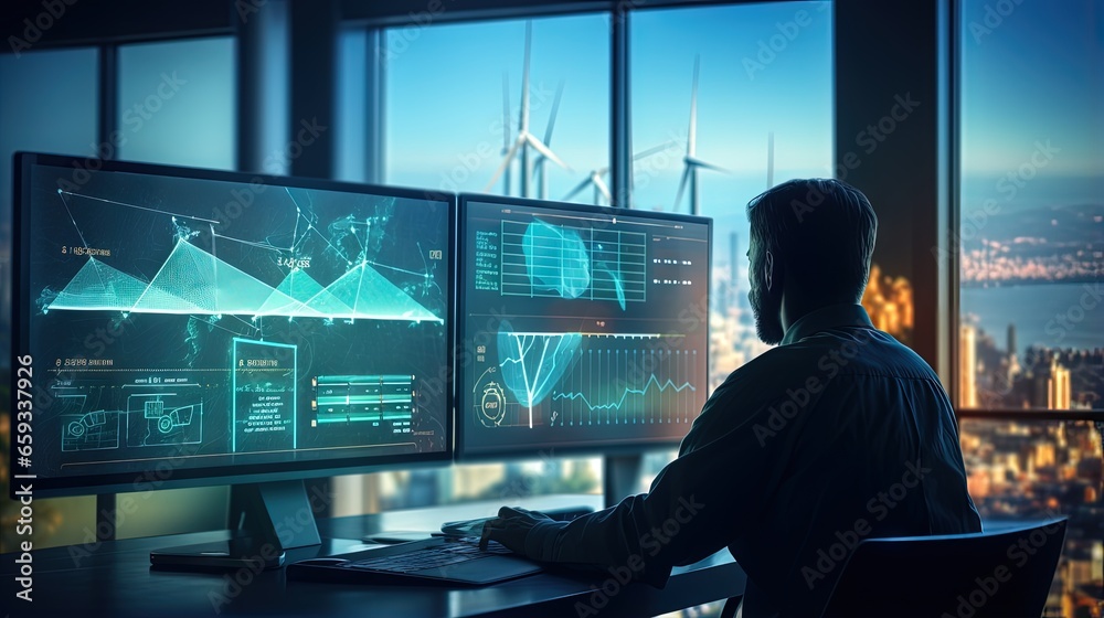 Poster Engineer view a dashboard hud The program shows the total power generated by wind turbines and displays them on the hologram screen. Clean energy technology and renewable energy.