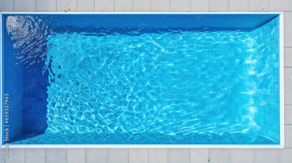 Poster top view of a beautiful idyllic rectangular swimming pool with blue mosaic at the bottom