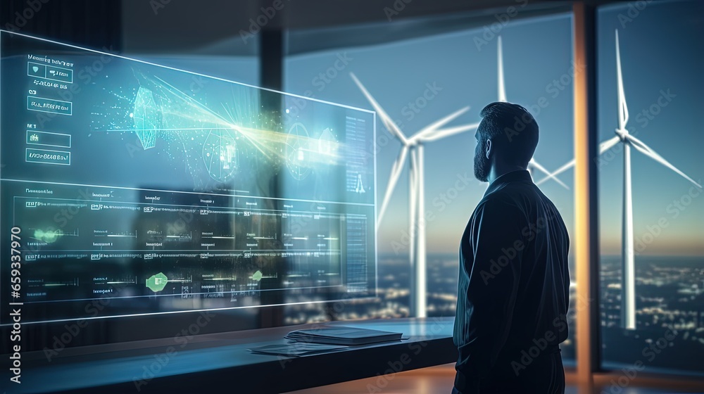 Poster Engineer view a dashboard hud The program shows the total power generated by wind turbines and displays them on the hologram screen. Clean energy technology and renewable energy.