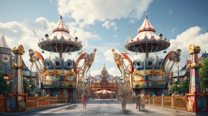 Daytime British colorful carnival fair amusement park rides - obrazy, fototapety, plakaty