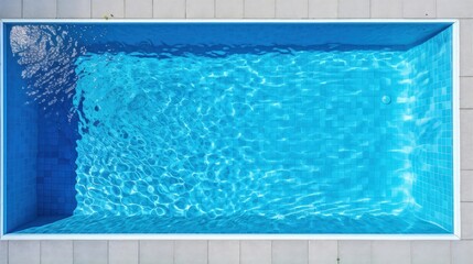 Fototapeta na wymiar top view of a beautiful idyllic rectangular swimming pool with blue mosaic at the bottom