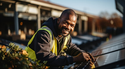 Smiling african american worker installing solar panel on roof of building.
