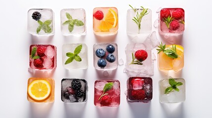 Frozen ice cubes with fruits, berries, herbs on a white background. Freezing is a safe method. Home food concept. Bright light, trending shadows. Top view - obrazy, fototapety, plakaty