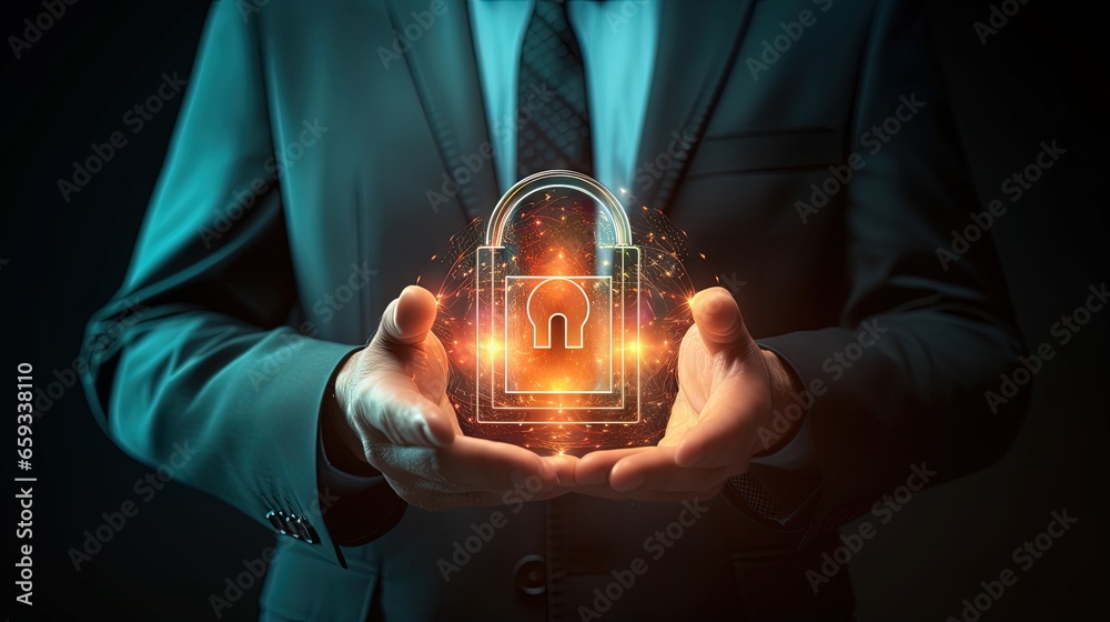 Poster Smart protection against digital attacks concept.businessman holding internet network security padlock,Cyber security and network data protection,RPA,encryption security of personal data of users.