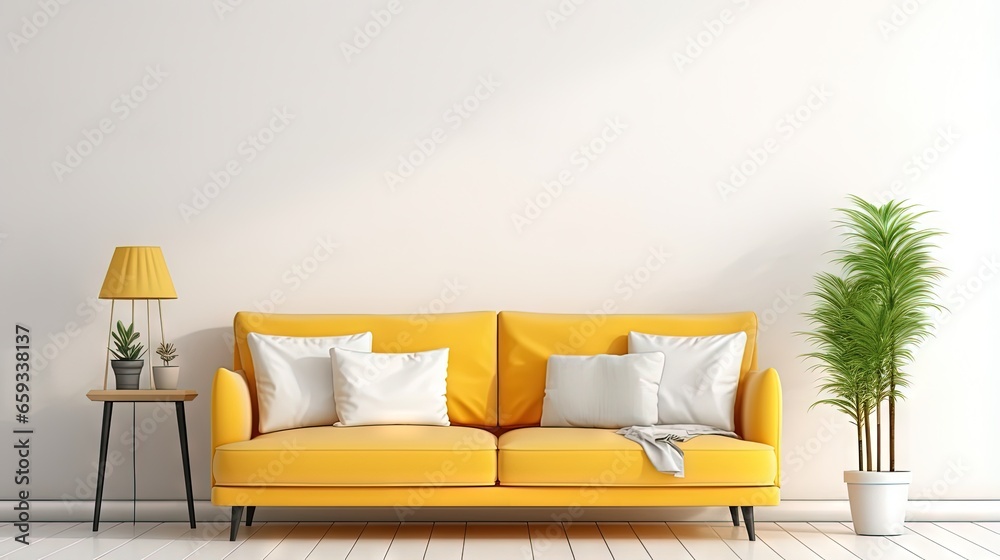 Poster living room wall mockup in bright tones with have sofa and lamp with white wall background.3d render