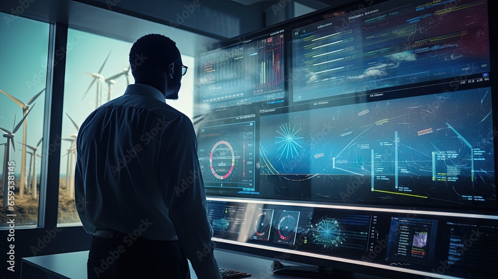 Poster Engineer view a dashboard hud The program shows the total power generated by wind turbines and displays them on the hologram screen. Clean energy technology and renewable energy.