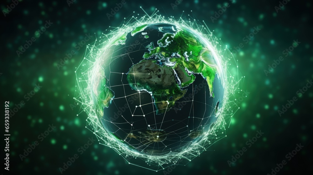 Leinwandbilder Virtual planet Earth with particles and lines. Network connection big data. Abstract technology green background. 3D rendering.