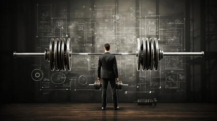 Businessman lifting barbell in modern interior with business sketches on wall.
