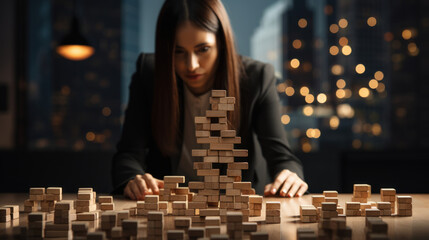 Businesswoman building tower of wooden cubes. Risk and strategy concept. - obrazy, fototapety, plakaty
