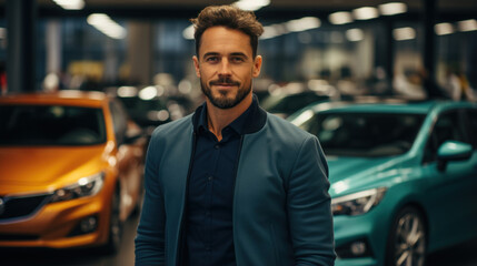 Handsome young man looking at camera and smiling while standing in auto showroom.