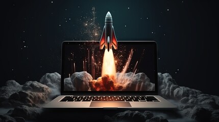 Startup concept with rocket flying out of laptop screen on black background. Topview, 3D Rendering