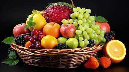 Naklejka na ściany i meble Composition with assorted fruits in wicker basket isolated on white