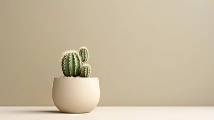 Papier Peint photo Cactus Closeup of cactus in flowerpot on beige background. Minimal neutral interior design floral composition.