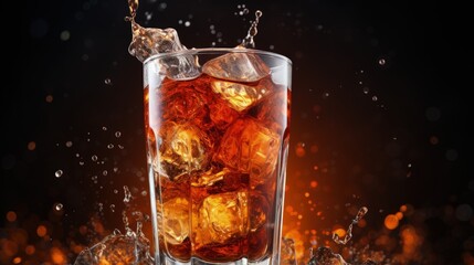 macro cola drink glass,Soft drink glass with ice splash on cool smoke background. Cola glass with summer refreshment.