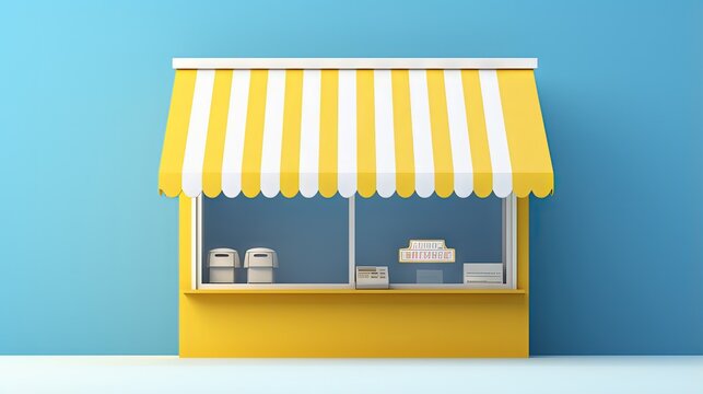 3d yellow white booth shop icon or empty retail store front with striped awning isolated on blue background. startup franchise business concept, 3d render illustration, clipping path