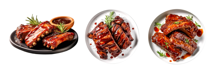 set pork ribs grilled with BBQ sauce on plate  cut out isolated on transparent background