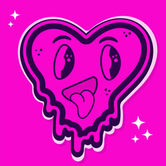 a bright pink sticker with a heart with smudges and a protruding tongue