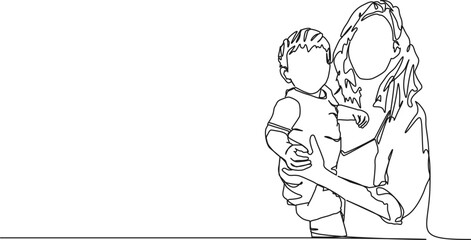 continuous single line drawing of mother holding toddler on arm, line art vector illustration