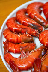 A plate of fresh and delicious boiled prawns