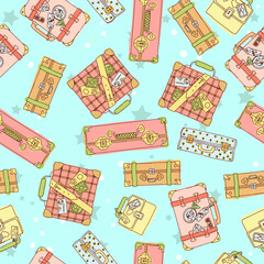 Pattern of bright suitcases for travel. Hand luggage. Bag. Entertainment, moving to another country. Vector illustration seamless pattern