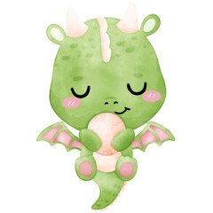 Cute Green Dragon, Dragon, watercolor dragon