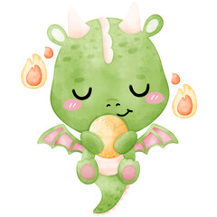 Cute Green Dragon, Dragon, watercolor dragon