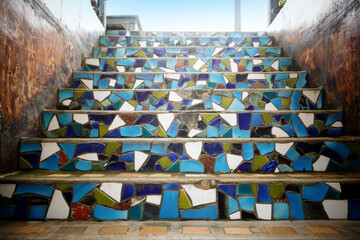 chairs on the beach, Decorating doors, bright blue patterns, decorating stairs with colorful ceramics.