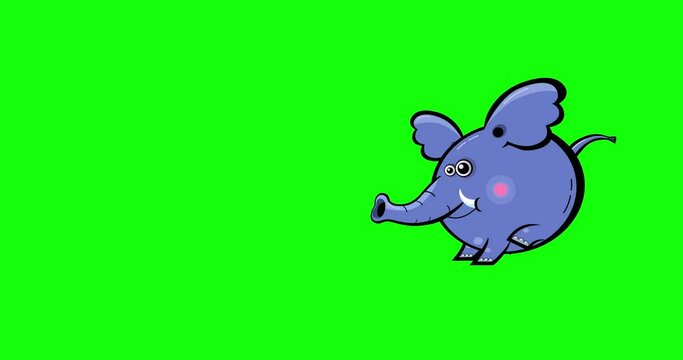 Cartoon medium blue elephant animation black outline running along screen greenbox. Animated character isolated chromakey. Good for any material for kids, adverts, etc...
