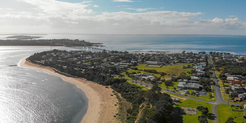 Aerial view of Phillip Island coastline at sunset, Australia