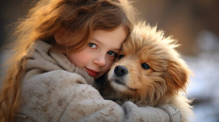 A heartwarming embrace of a fluffy friend by female. Cute dog in little girl hands