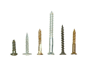 Macro of self tapping screws isolated on white background