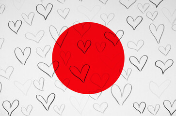 I love Japan. Hearts on Japan flag background.