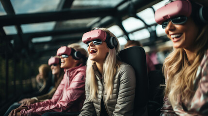 Beautiful young women are using virtual reality glasses and smiling while sitting in roller-coaster park