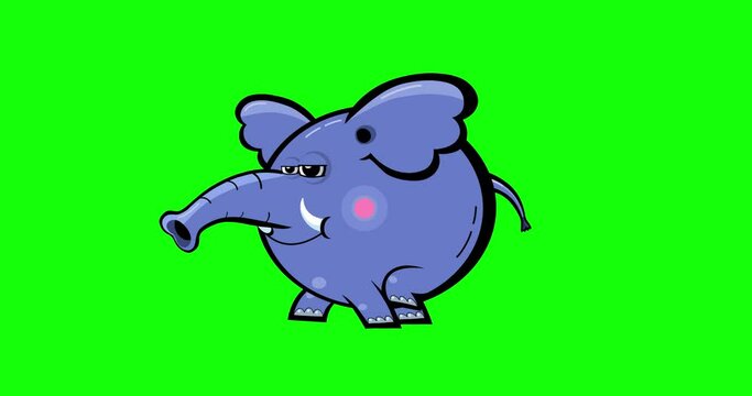 Cartoon blue elephant animation black outline walking in place greenbox. Animated character isolated. Good for any material for kids, adverts, etc...