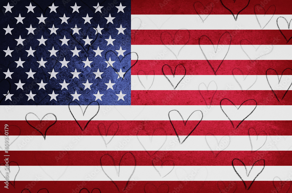 Wall mural i love usa. hearts on the background of the flag of usa.