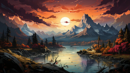 Mountain landscape with lake and sun, beautiful art