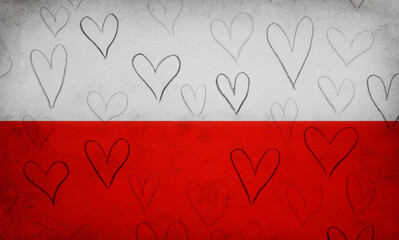 I love Poland. Hearts on Poland flag background.